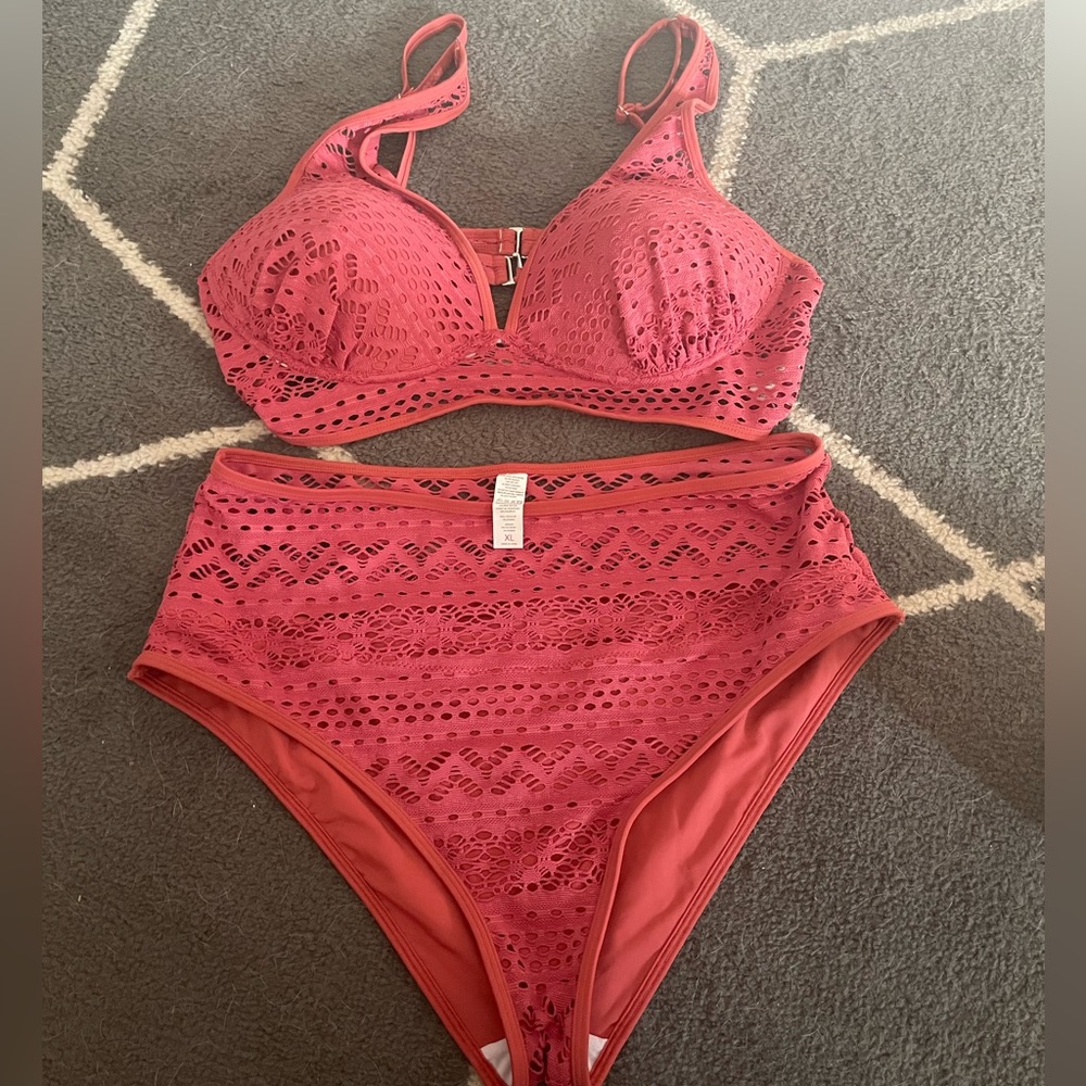 Coral lace and two piece swimsuit